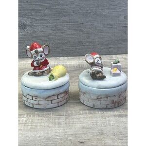 Christmas Santa Clause Mouse Trinket Box Porcelain Round Jewelry Homco Vintage